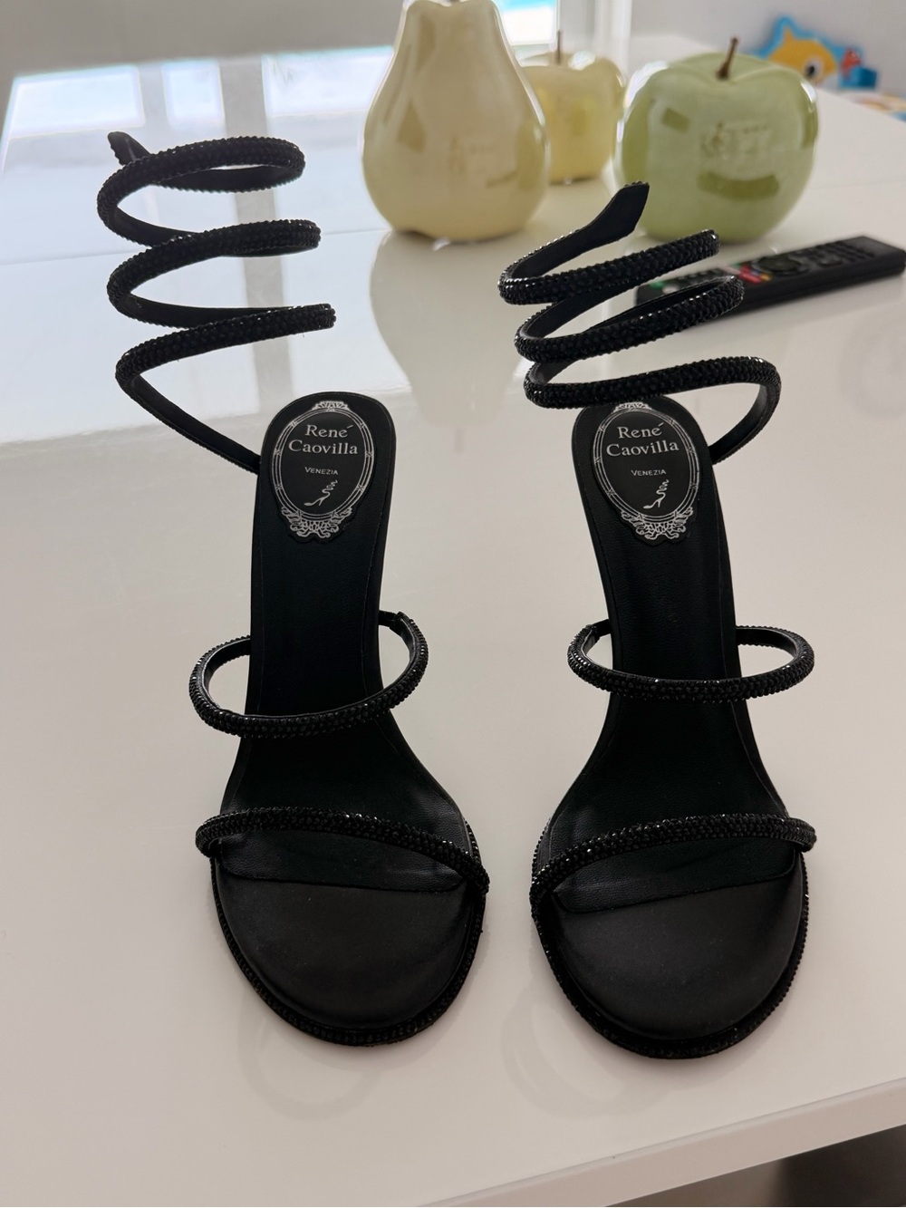 Rene Caovilla Black Spiral Wrap Sandals